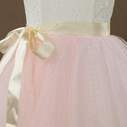 NumberSea - A - line Knee - length Flower Girl Dress Lace match Tulle Sleeveless Jewel Neck with Belt