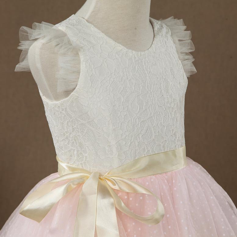 NumberSea - A - line Knee - length Flower Girl Dress Lace match Tulle Sleeveless Jewel Neck with Belt