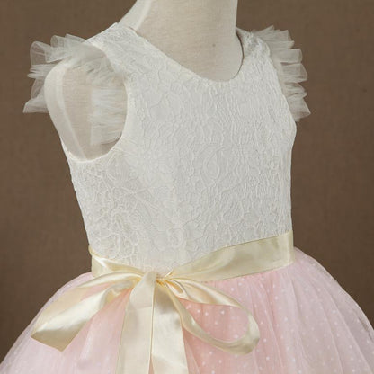 NumberSea - A - line Knee - length Flower Girl Dress Lace match Tulle Sleeveless Jewel Neck with Belt