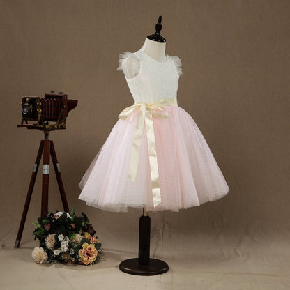 NumberSea - A - line Knee - length Flower Girl Dress Lace match Tulle Sleeveless Jewel Neck with Belt