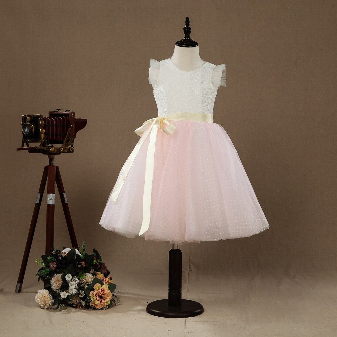 NumberSea - A - line Knee - length Flower Girl Dress Lace match Tulle Sleeveless Jewel Neck with Belt