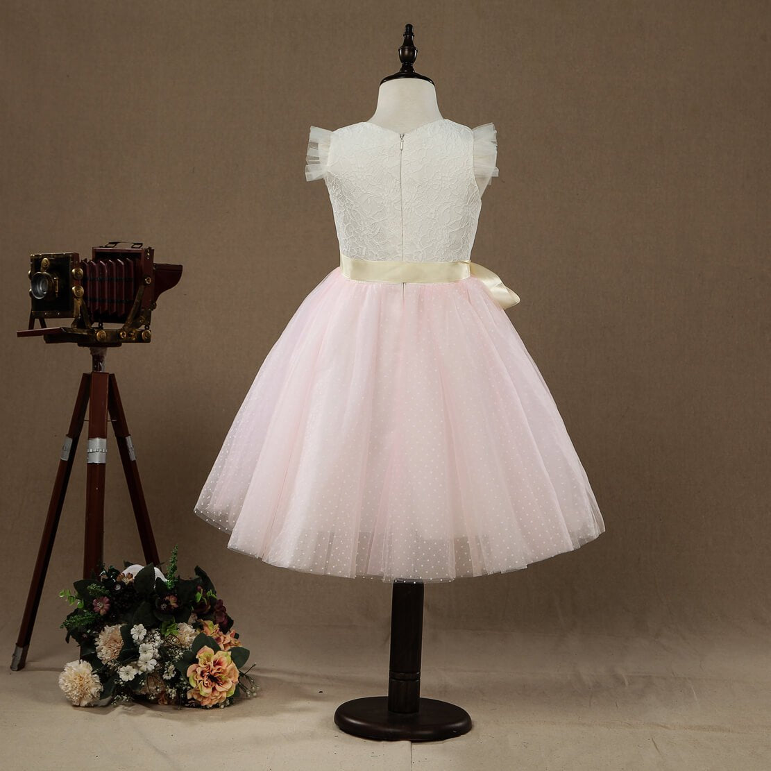 NumberSea - A - line Knee - length Flower Girl Dress Lace match Tulle Sleeveless Jewel Neck with Belt