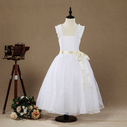 NumberSea - A - line Taffeta match Tulle Tea - length Flower Girl Dress Square Neck Straps Sleeveless