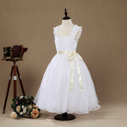 NumberSea - A - line Taffeta match Tulle Tea - length Flower Girl Dress Square Neck Straps Sleeveless