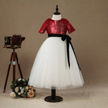 NumberSea - A - line Tea - length Flower Girl Dress Tulle match Sequins Short sleeves Jewel Neck with Belt