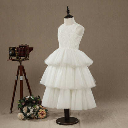 NumberSea - A - line Tea - length Lace match Tulle Flower Girl Dress Jewel Neck Sleeveless with Tiers