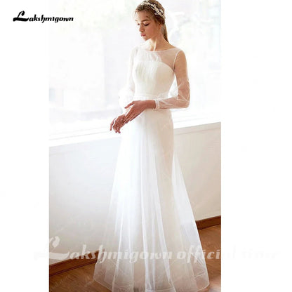 NumberSea Simple A-line Long Sleeves Wedding Dress Minimalistic Mesh Straight-cross Illusion Sheer Lace Gown