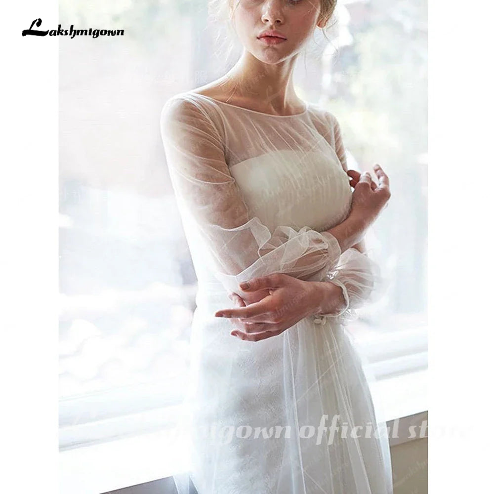 NumberSea Simple A-line Long Sleeves Wedding Dress Minimalistic Mesh Straight-cross Illusion Sheer Lace Gown