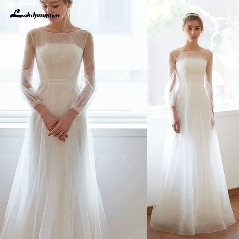 NumberSea Simple A-line Long Sleeves Wedding Dress Minimalistic Mesh Straight-cross Illusion Sheer Lace Gown