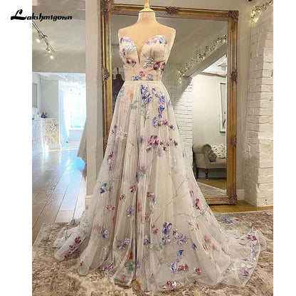 NumberSea Print Flower A-Line Lace Applique Wedding Dress For Women Sleevless Sweetheart Bridal Gown for Bridal  Vestido