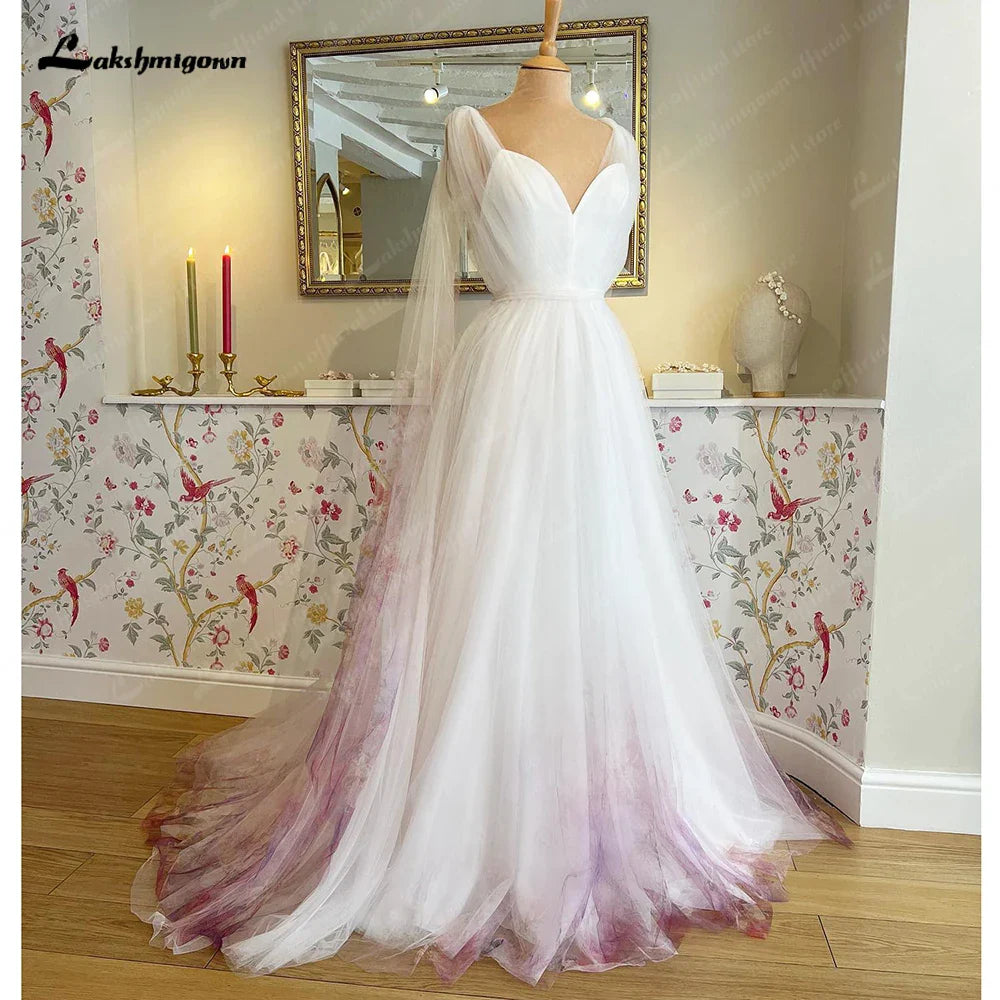 NumberSea NumberSea Print Flower Garden Tulle Wedding Dress with Cape Women Sleeveless A Line V Neck Wedding Gowns for Bridal