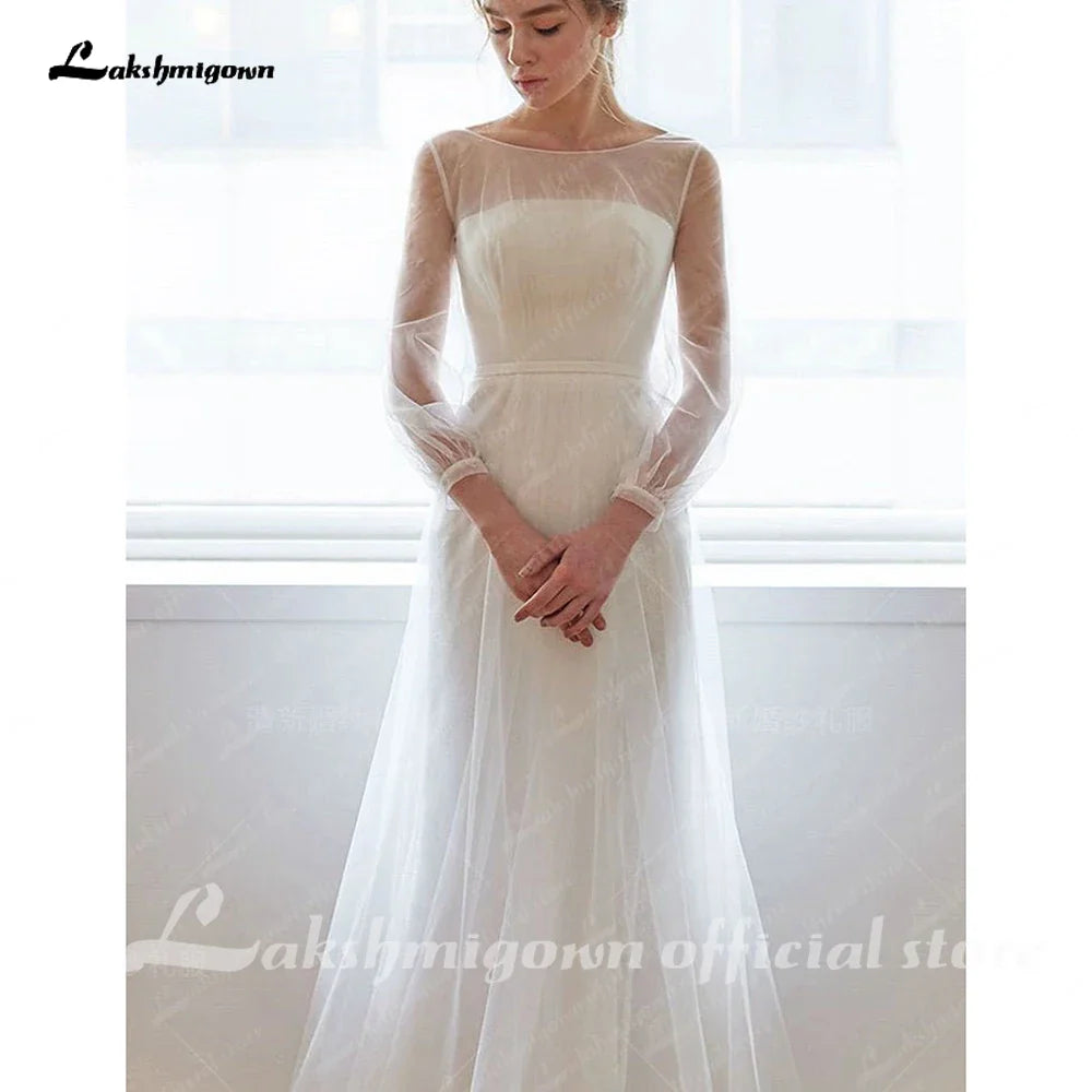 NumberSea Simple A-line Long Sleeves Wedding Dress Minimalistic Mesh Straight-cross Illusion Sheer Lace Gown