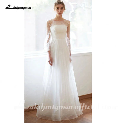 NumberSea Simple A-line Long Sleeves Wedding Dress Minimalistic Mesh Straight-cross Illusion Sheer Lace Gown