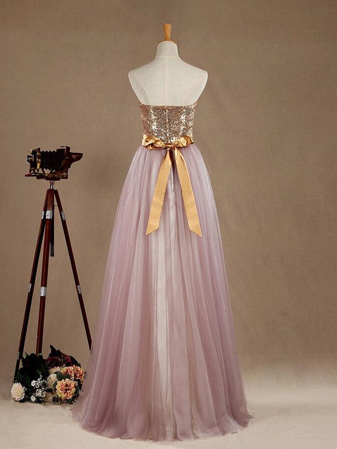 NumberSea - Ball Gown Light Purple Tulle Bridesmaid dress A - line Sweetheart Gold Sequined Strapless Evening dress