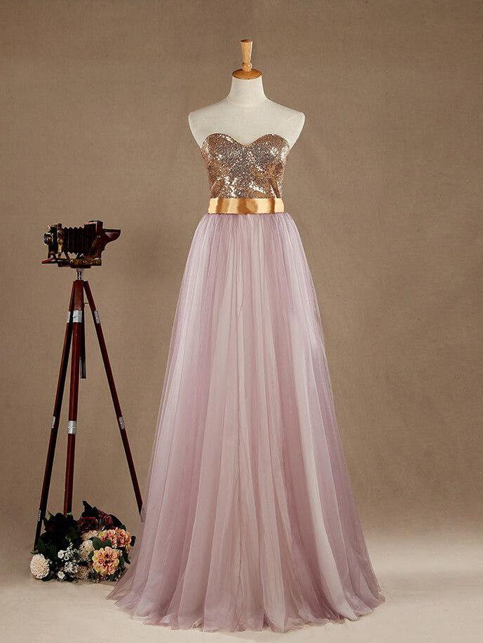 NumberSea - Ball Gown Light Purple Tulle Bridesmaid dress A - line Sweetheart Gold Sequined Strapless Evening dress