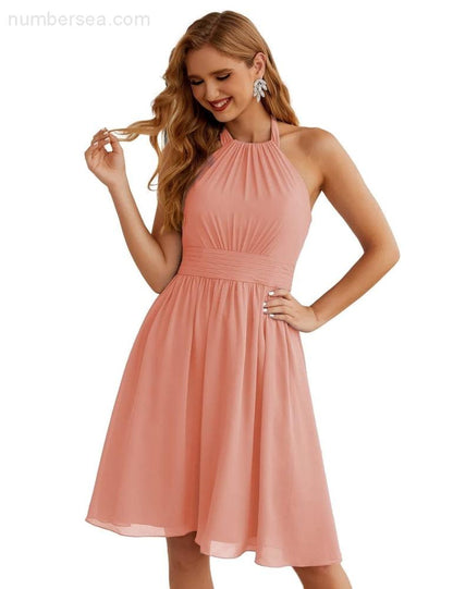 Numbersea Halter Chiffon Bridesmaid Dresses Short Sleeveless Formal Party Dress Open Back SEA28023 - numbersea