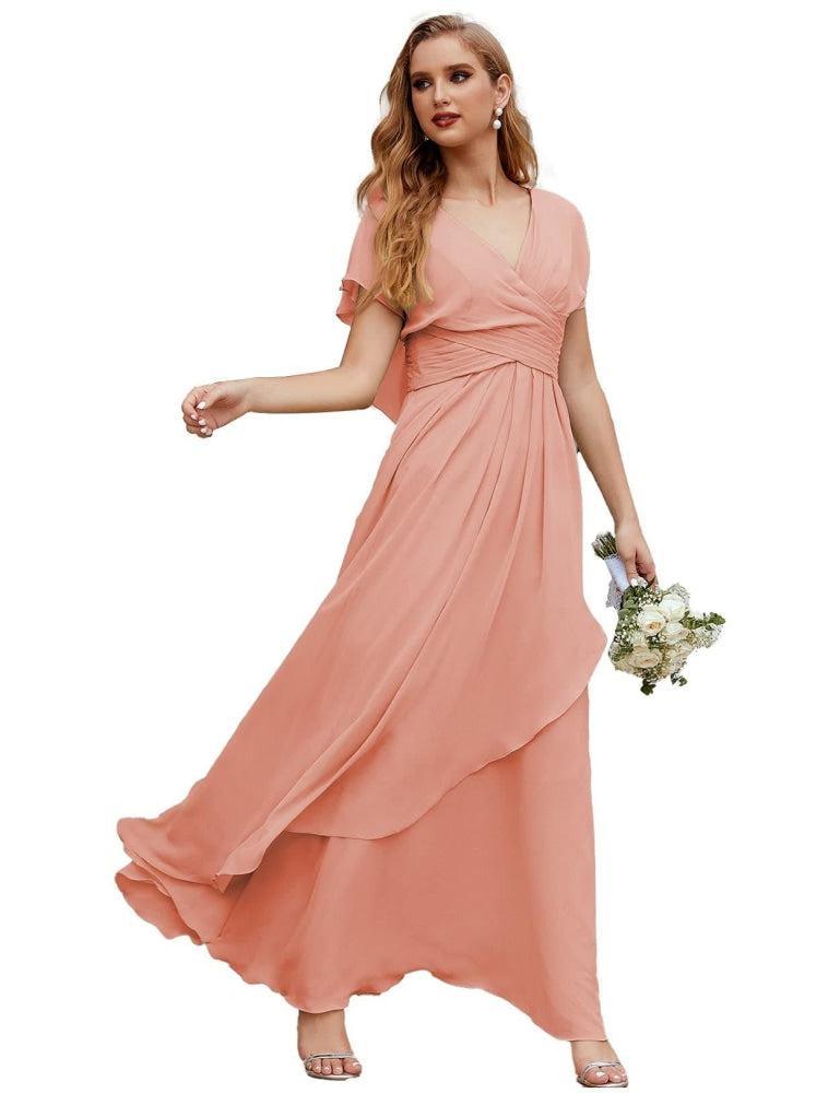 Numbersea Chiffon Bridesmaid Dresses Long Formal Evening Prom Mother of The Bride Dress with Flutter Sleeve  SEA28040-numbersea