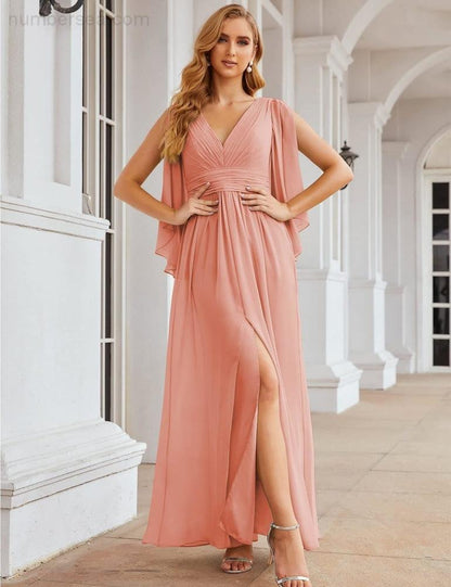 Numbersea Chiffon Bridesmaid Dresses with Split for Women Wedding Long Party Prom Gown Flutter Sleeve SEA28045-numbersea