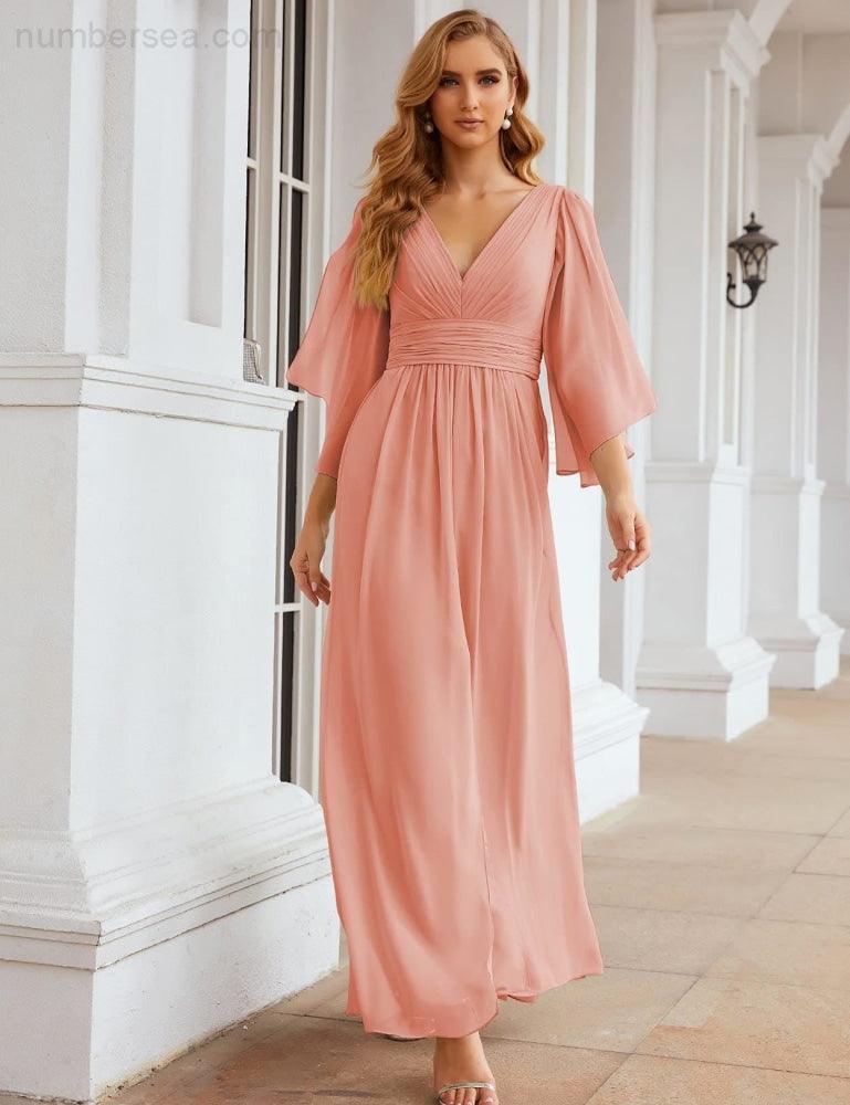 Numbersea Chiffon Bridesmaid Dresses with Split for Women Wedding Long Party Prom Gown Flutter Sleeve SEA28045-numbersea