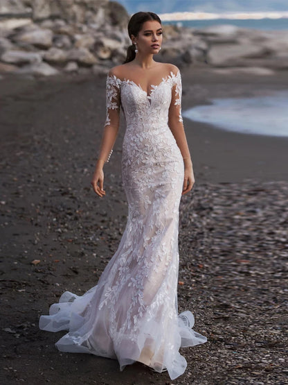 Beach Long Sleeves Mermaid Tulle Wedding Dress Elegant V-Neck Lace Appliques Illusion Back With Button Bridal Gown Custom Made