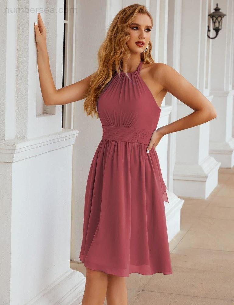 Numbersea Halter Chiffon Bridesmaid Dresses Short Sleeveless Formal Party Dress Open Back SEA28023 - numbersea