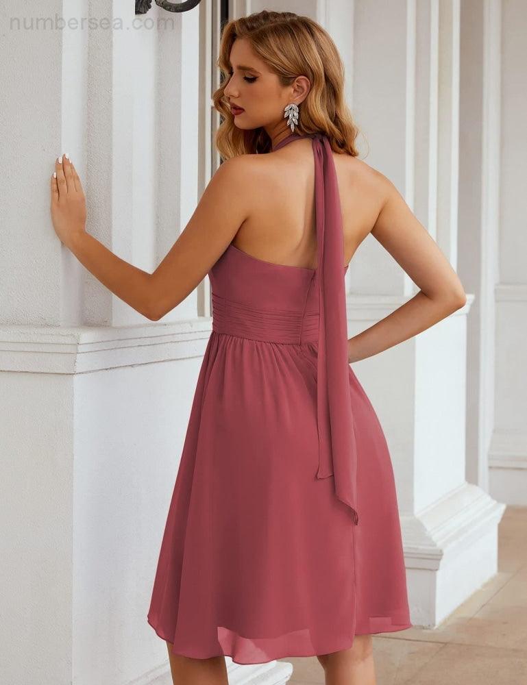 Numbersea Halter Chiffon Bridesmaid Dresses Short Sleeveless Formal Party Dress Open Back SEA28023 - numbersea