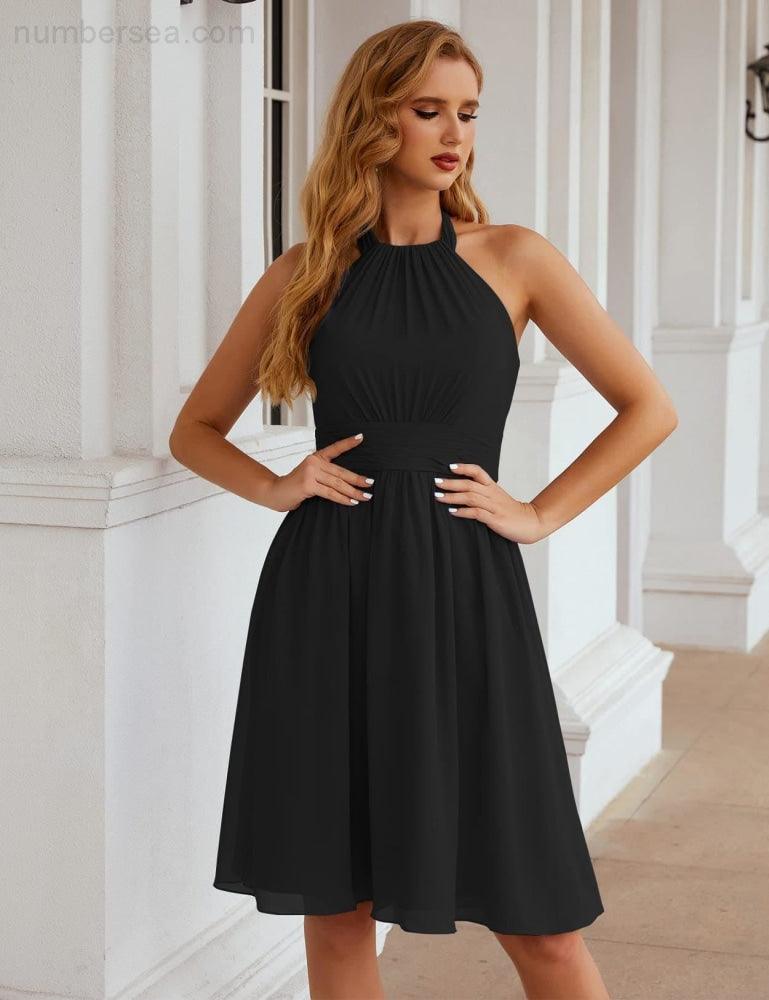 Numbersea Halter Chiffon Bridesmaid Dresses Short Sleeveless Formal Party Dress Open Back SEA28023 - numbersea