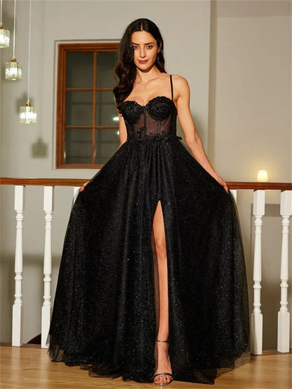 Prom Dresses  A Line Sweetheart Lace Aqppliques Tulle