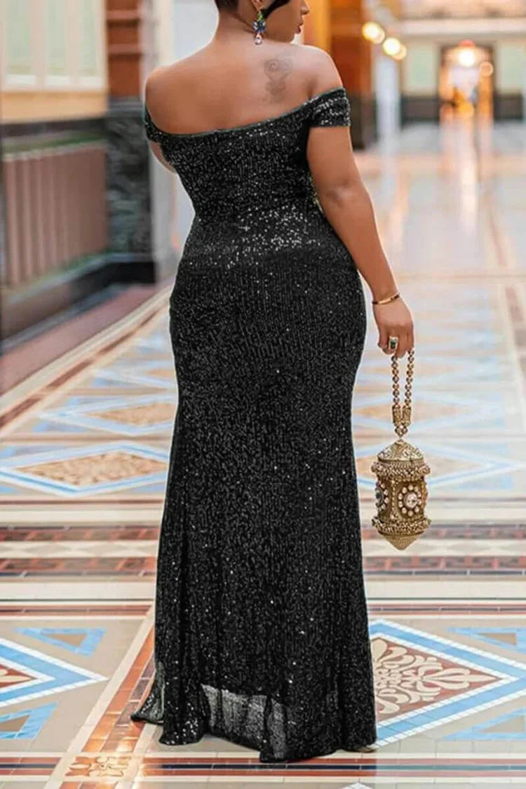 Plus Size  Prom Dresses Mermaid Off The Shoulder Split Sequin