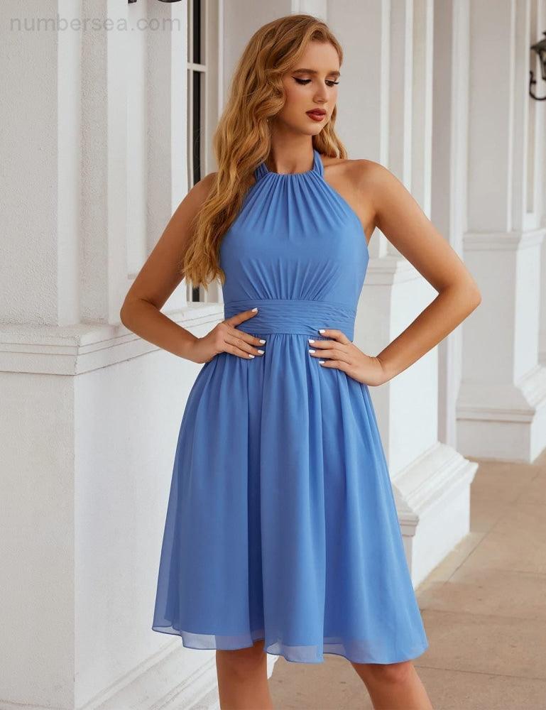 Numbersea Halter Chiffon Bridesmaid Dresses Short Sleeveless Formal Party Dress Open Back SEA28023 - numbersea