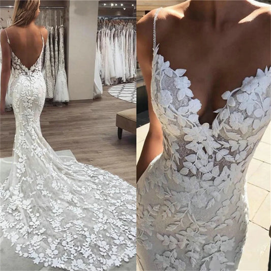 Boho Spitze Appliques Hochzeit Kleid Meerjungfrau Braut Kleider 2024 Spaghetti-trägern Backless Strand Brautkleider Vestido De Noiva 