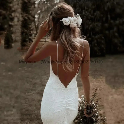 Boho Mermaid V Neck Spaghetti Straps Wedding Dress Court Train Wedding Gown Lace Backless Dress For Women vestidos de novia