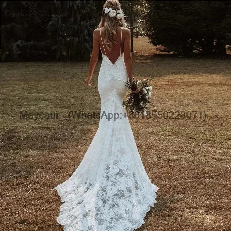 Boho Mermaid V Neck Spaghetti Straps Wedding Dress Court Train Wedding Gown Lace Backless Dress For Women vestidos de novia