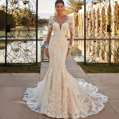 Boho Sheer O-neck Mermaid Wedding Dress Classic Lace Appliques Long Sleeves Elegant Bridal Gown Robe De Mariée