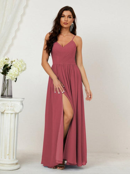 Numbersea Neck Bridesmaid Dresses Chiffon Long Spaghetti A-Line Formal Prom Gown For Wedding Party