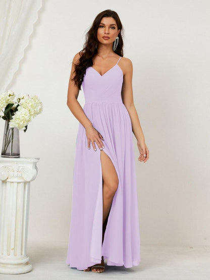 Numbersea Neck Bridesmaid Dresses Chiffon Long Spaghetti A-Line Formal Prom Gown For Wedding Party