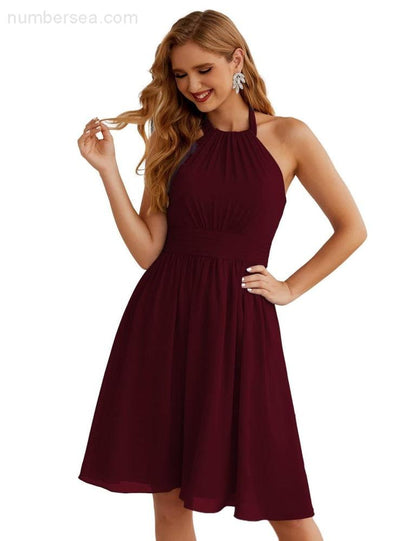 Numbersea Halter Chiffon Bridesmaid Dresses Short Sleeveless Formal Party Dress Open Back SEA28023 - numbersea