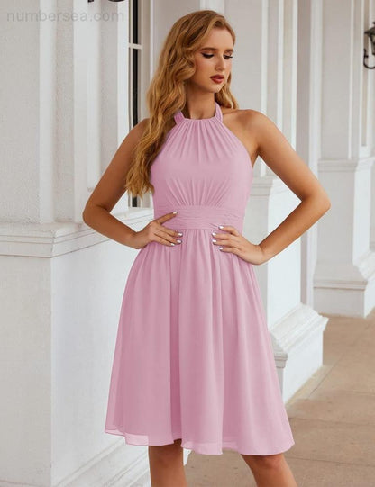 Numbersea Halter Chiffon Bridesmaid Dresses Short Sleeveless Formal Party Dress Open Back SEA28023 - numbersea