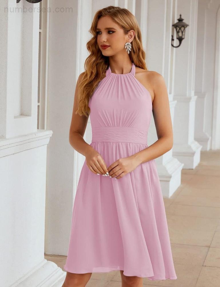 Numbersea Halter Chiffon Bridesmaid Dresses Short Sleeveless Formal Party Dress Open Back SEA28023 - numbersea