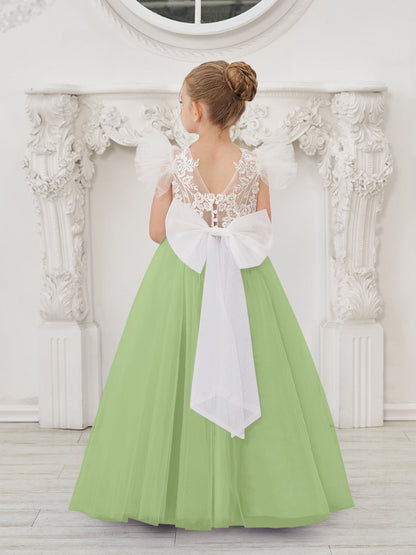 Detachable  Lace Tulle Sweep Train Flower Girl Dress