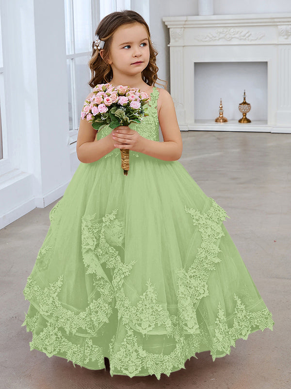 Princess Sleeveless Tulle Gown with Lace Appliques and Sweep Train for Girls