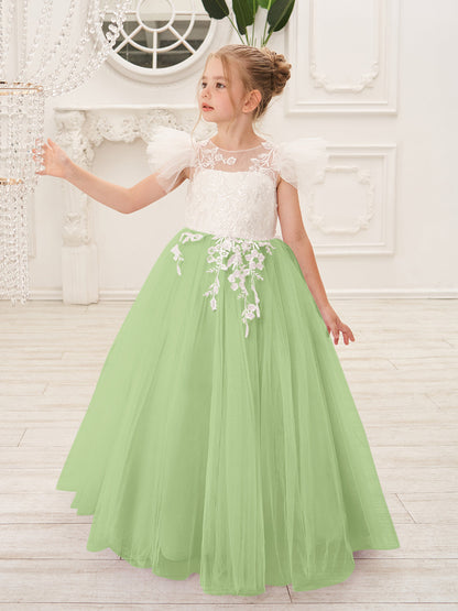 Detachable  Lace Tulle Sweep Train Flower Girl Dress