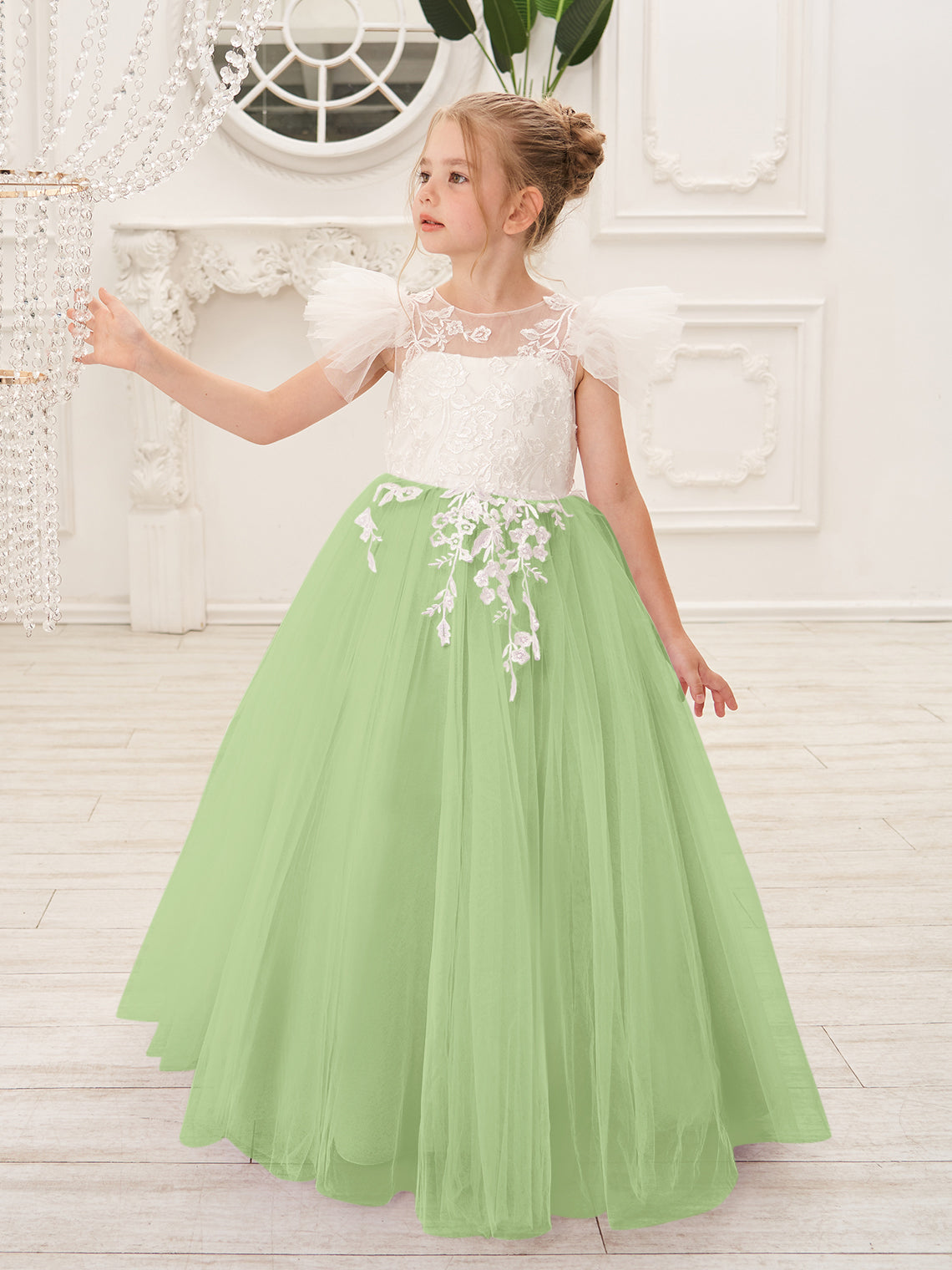 NumberSea - Detachable Lace Tulle Sweep Train Flower Girl Dress