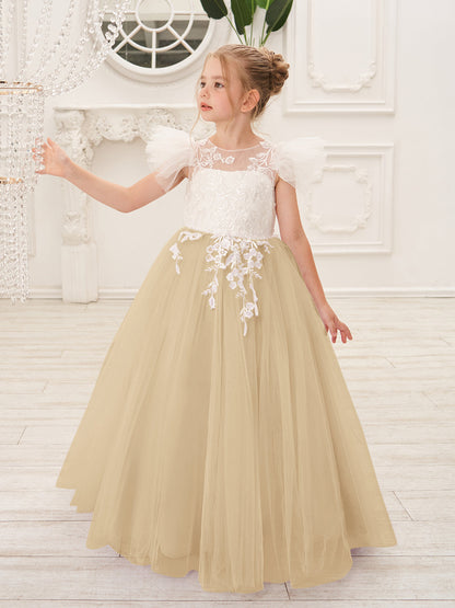 Detachable  Lace Tulle Sweep Train Flower Girl Dress