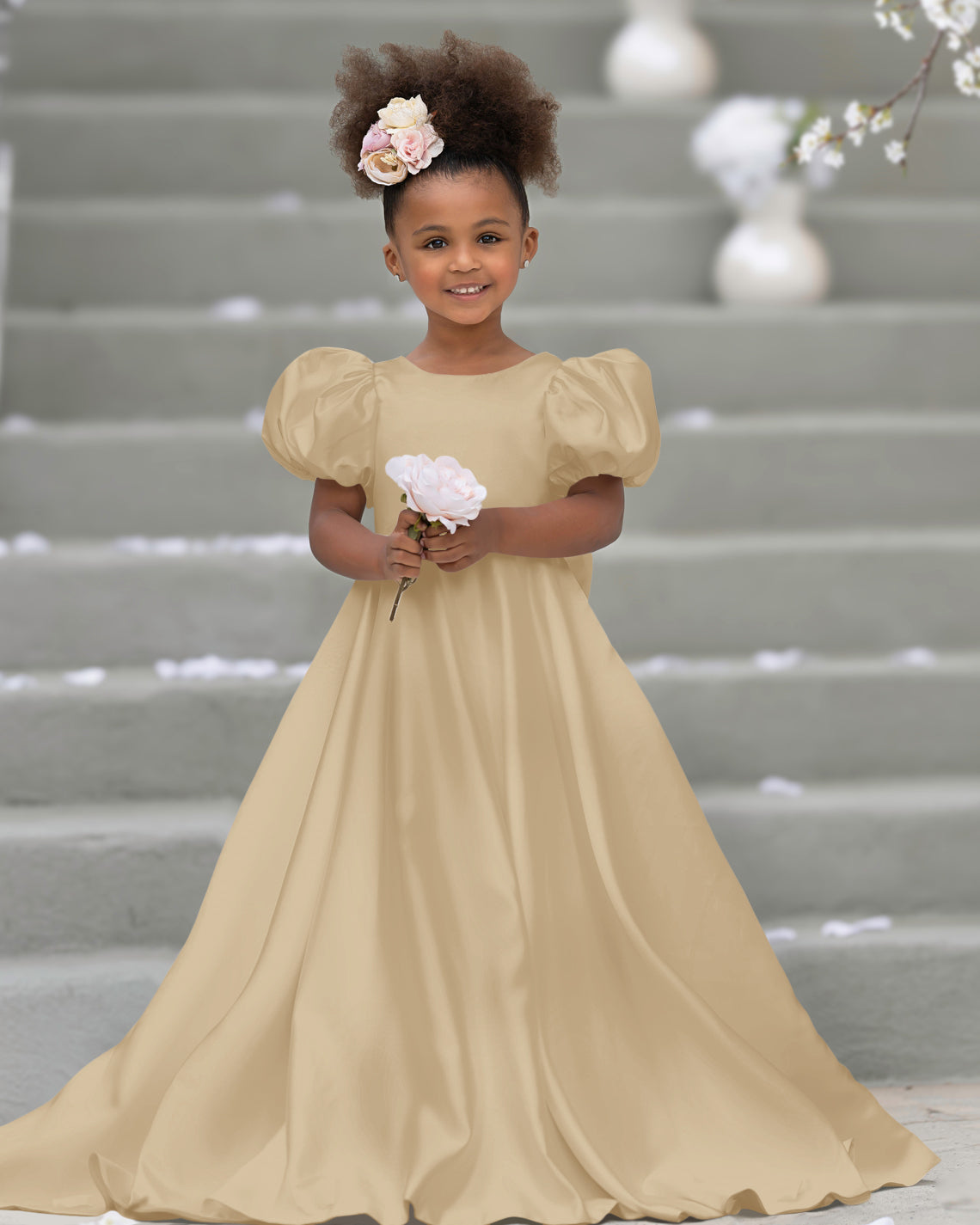 Puff Sleeve Bow Button Back Sweep Train Flower Girl Dress