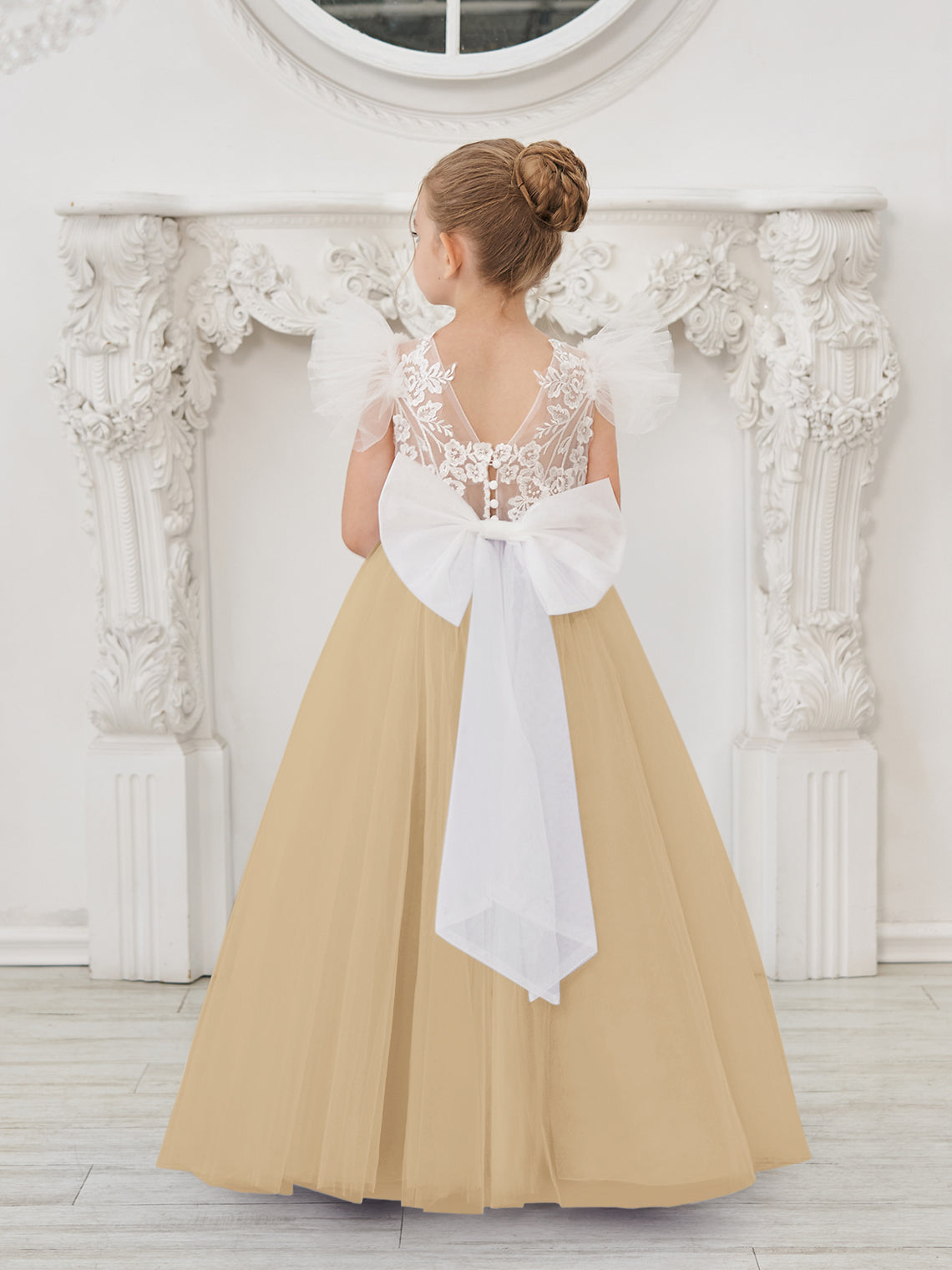 Detachable  Lace Tulle Sweep Train Flower Girl Dress