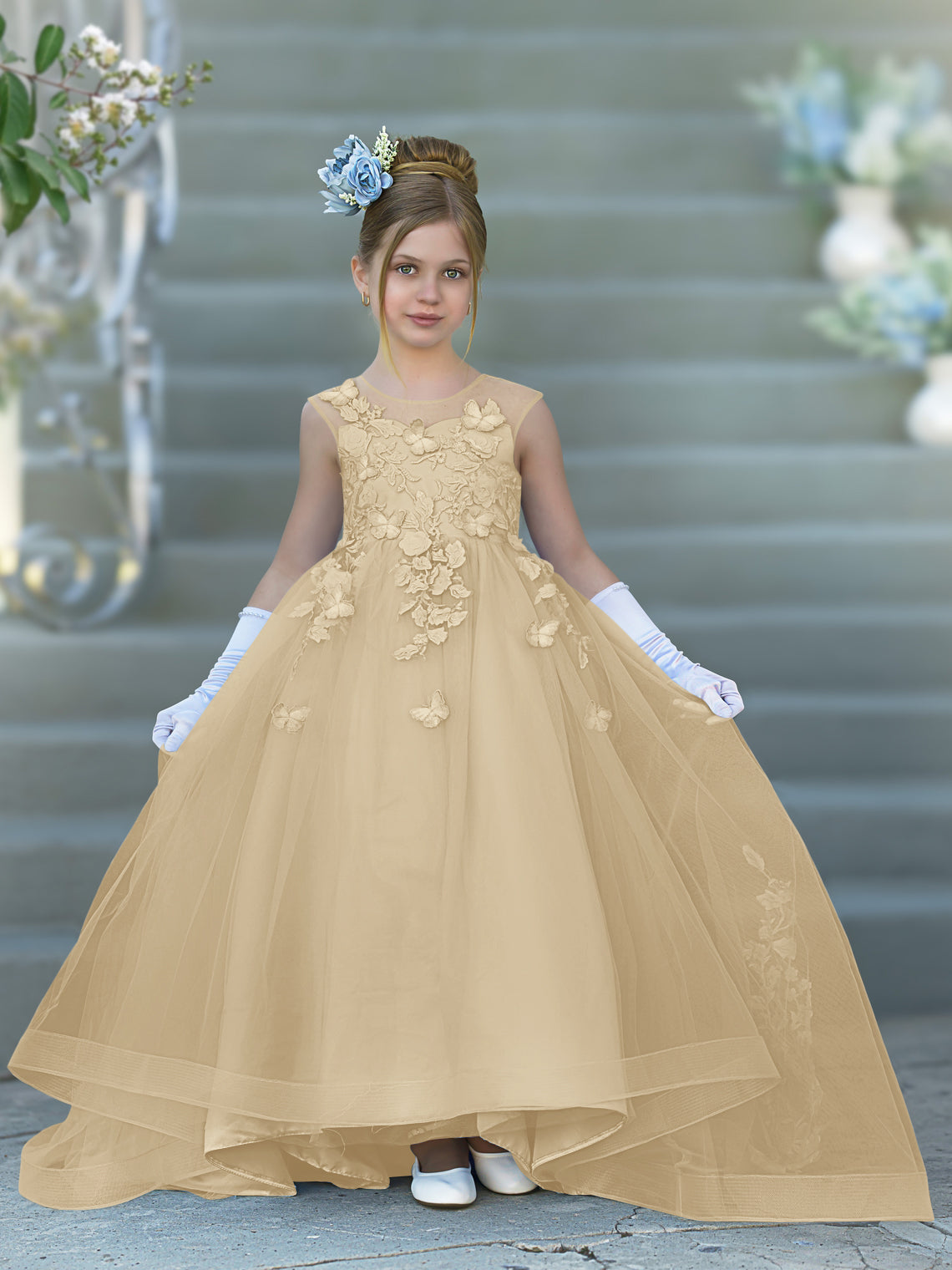 Serenity Princess Ball Gown with Lace Appliques and Butterfly Embellishments