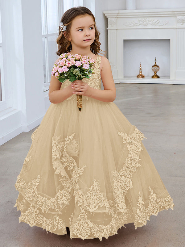 Princess Sleeveless Tulle Gown with Lace Appliques and Sweep Train for Girls