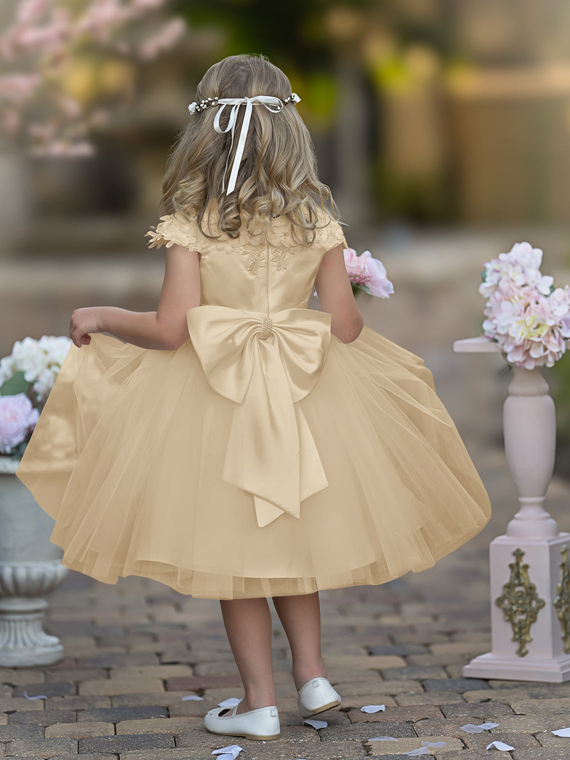 Satin Tulle Tea-length Ivory First Communion Flower Girl Dress