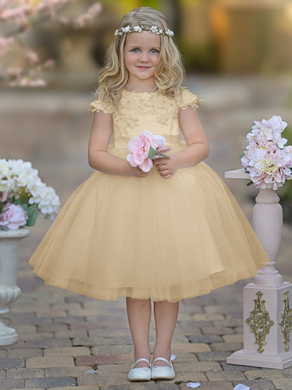 Satin Tulle Tea-length Ivory First Communion Flower Girl Dress